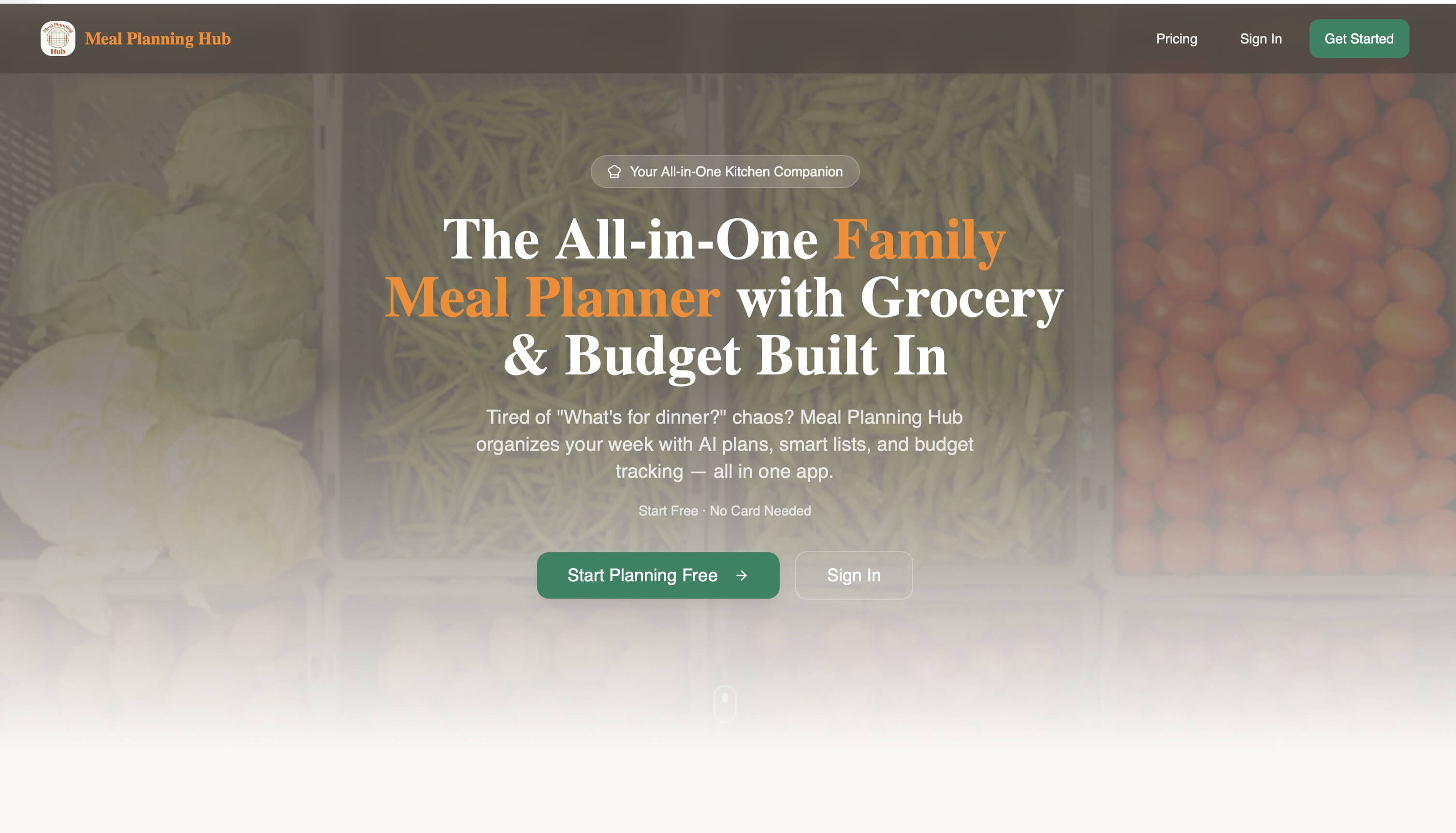 Meal Planning Hub website screenshot